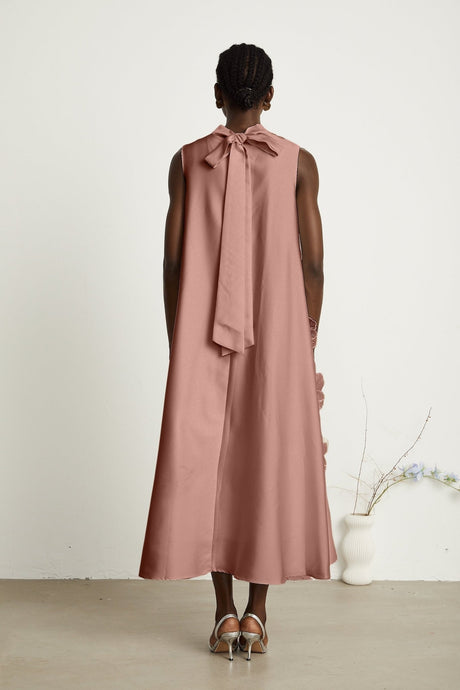 Ornella Floral Midi Dress in Soft Pink with Bead Embellishment & Rear Zip