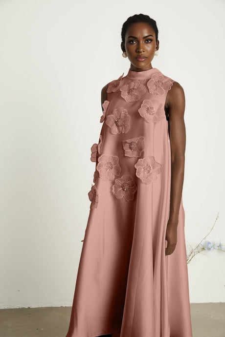 Ornella Floral Midi Dress in Soft Pink with Bead Embellishment & Rear Zip