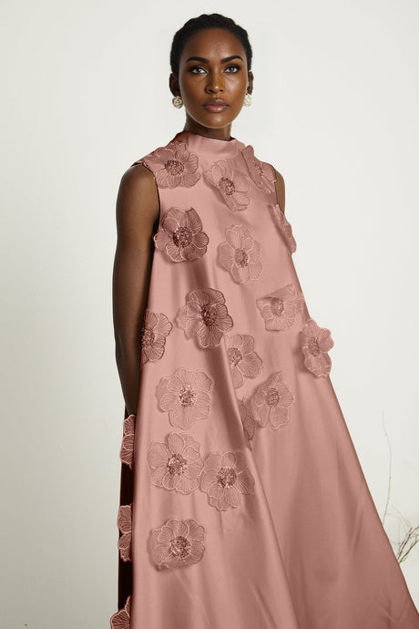 Ornella Floral Midi Dress in Soft Pink with Bead Embellishment & Rear Zip