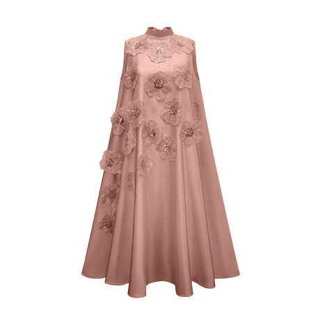 Ornella Floral Midi Dress in Soft Pink with Bead Embellishment & Rear Zip