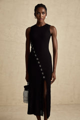 Ornella Midi Dress Black Stretch Jersey Diamond Hoop Slit