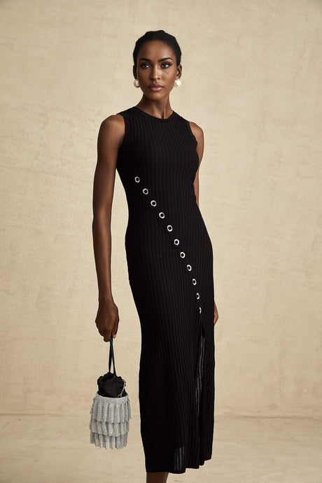 Ornella Midi Dress Black Stretch Jersey Diamond Hoop Slit