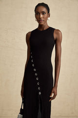 Ornella Midi Dress Black Stretch Jersey Diamond Hoop Slit
