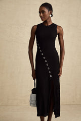 Ornella Midi Dress Black Stretch Jersey Diamond Hoop Slit