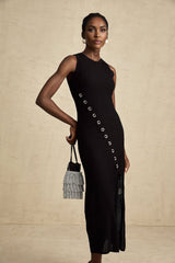 Ornella Midi Dress Black Stretch Jersey Diamond Hoop Slit