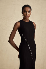 Ornella Midi Dress Black Stretch Jersey Diamond Hoop Slit
