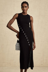 Ornella Midi Dress Black Stretch Jersey Diamond Hoop Slit