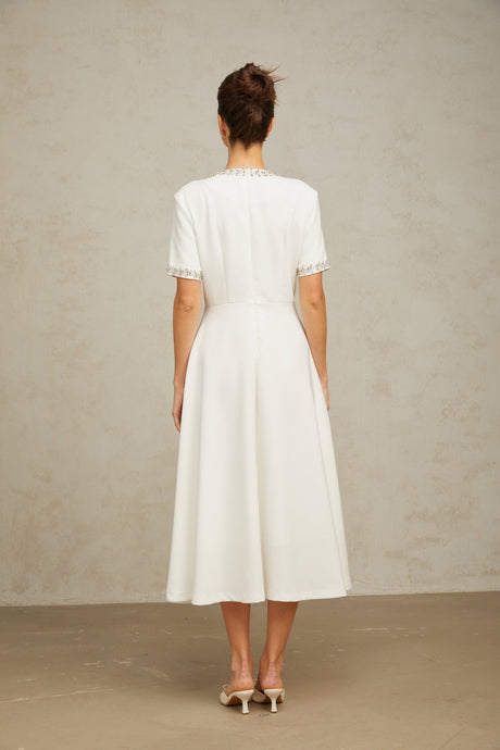 Ornella Midi Dress White Crystal Bow Flare Skirt