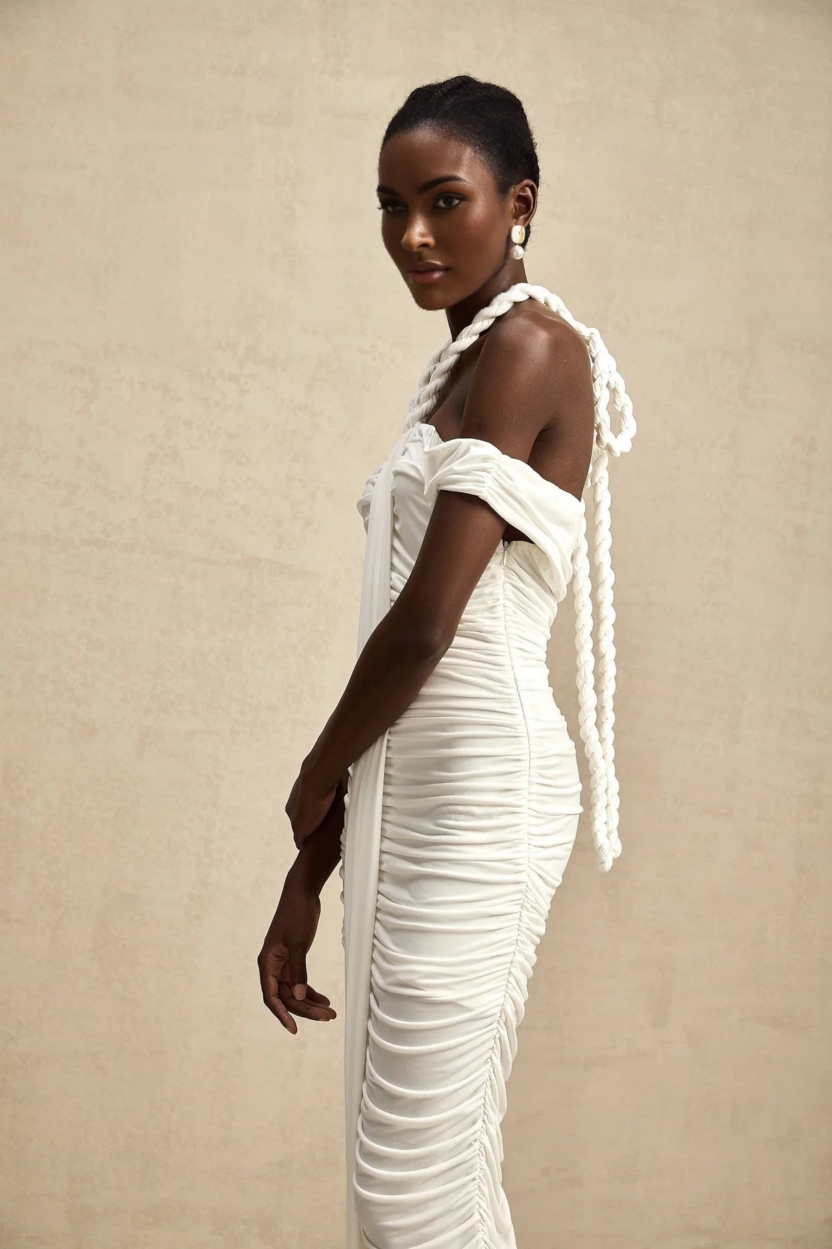 Ornella Midi Dress White Off - Shoulder Braid & Rope Detail