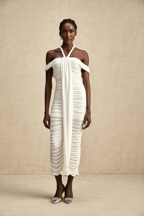 Ornella Midi Dress White Off - Shoulder Braid & Rope Detail