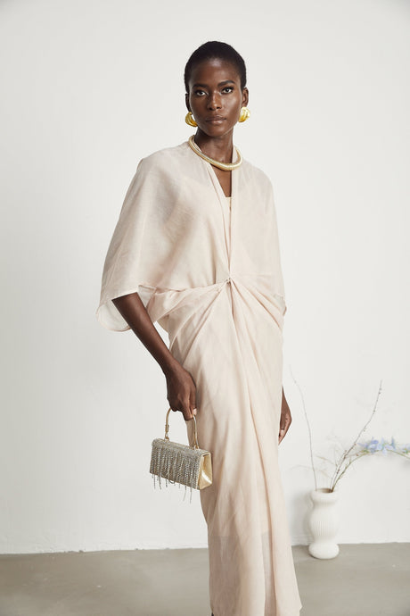Ornella Neutral Deep V - Neck Midi Dress with Oversized Gathered Sleeves
