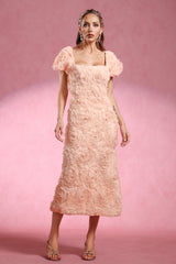 Ornella Peach Floral Roses Dress Squared Neckline Puff Sleeves Elegant Feminine Garden Party Evening Event
