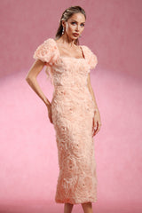 Ornella Peach Floral Roses Dress Squared Neckline Short Puff Sleeves Elegant Feminine Garden Party Evening Event