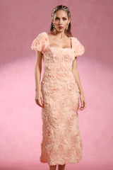 Ornella Peach Floral Roses Dress Squared Neckline Puff Sleeves Elegant Feminine Garden Party Evening Events
