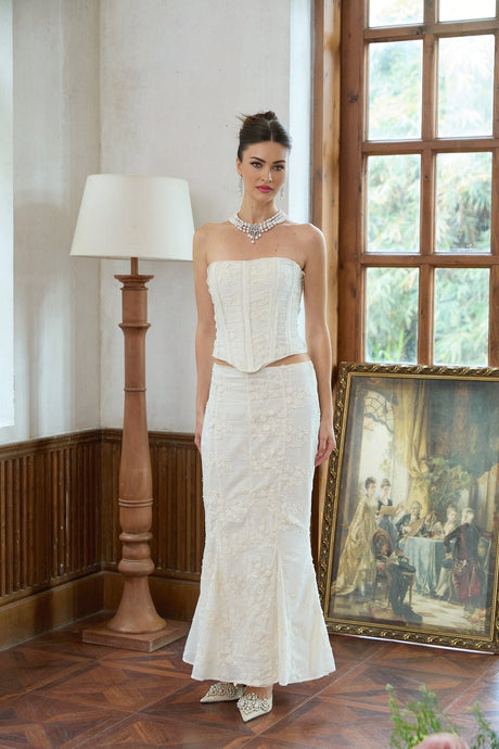 Ornella Skirt & Top Set White Embroidered Floral Corset Design