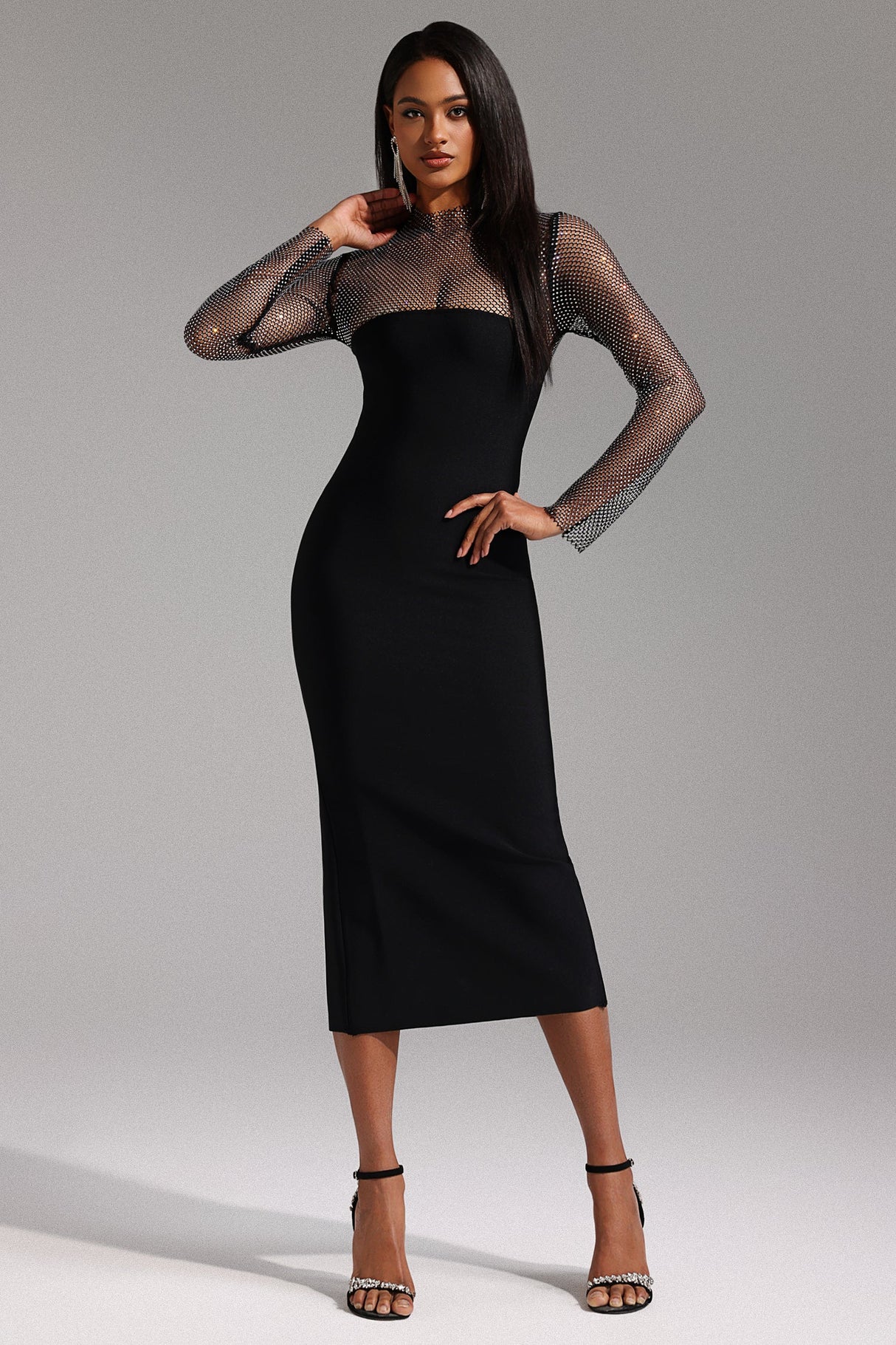 Paige Black Mesh Sleeve Midi Dress for Women