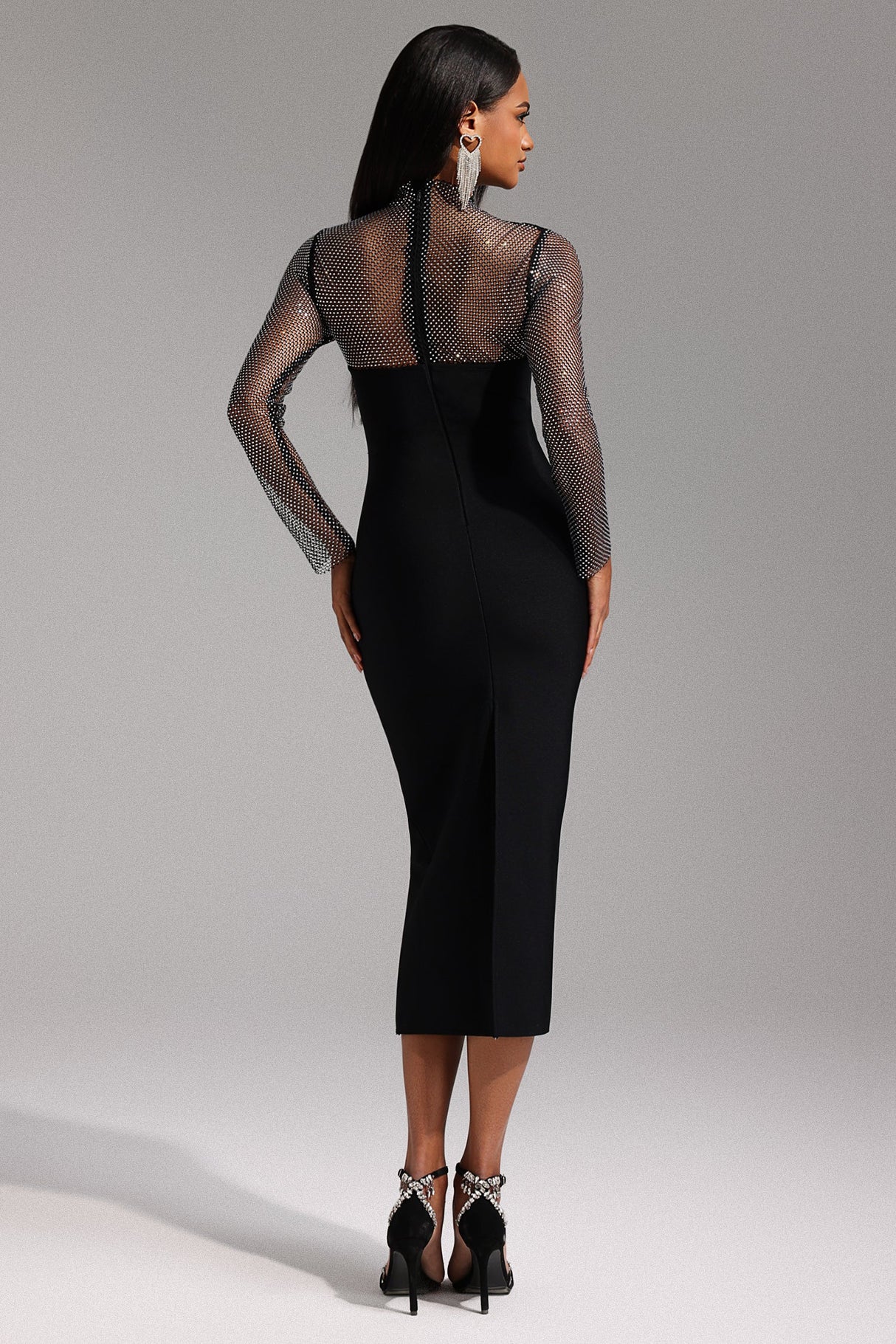 Paige Black Mesh Sleeve Midi Dress Elegant Chic Style