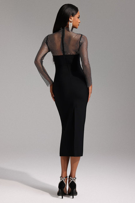 Paige Black Mesh Sleeve Midi Dress Elegant Chic Style