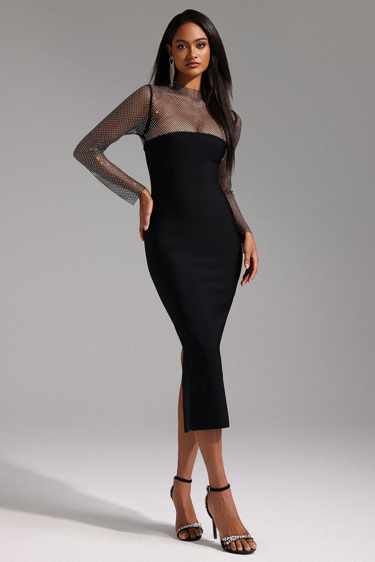 Paige Black Mesh Sleeve Midi Dress