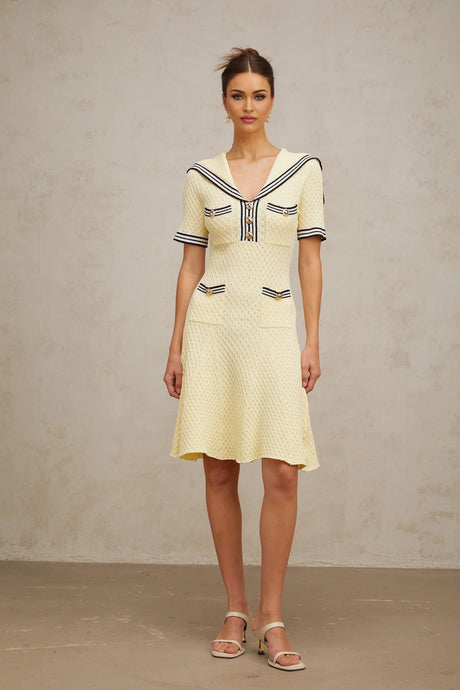 Paige Knitted Dress with Nautical Detail in Yellow