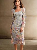 Paisley Midi Dress - Square Neck - Bishop Sleeve - High Waist - Floral Print - Boho Style