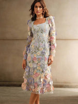 Paisley Midi Dress - Square Neck - Bishop Sleeve - High Waist - Floral Print - Boho Style