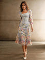 Paisley Midi Dress - Square Neck - Bishop Sleeve - High Waist - Floral Print - Boho Style