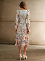Paisley Midi Dress - Square Neck - Bishop Sleeve - High Waist - Floral Print - Boho Style