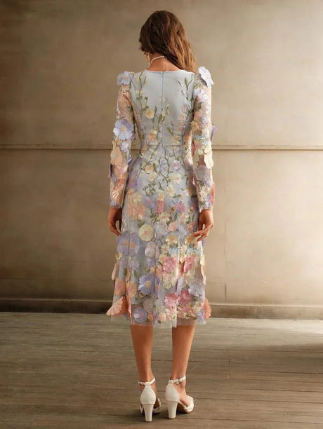 Paisley Midi Dress - Square Neck - Bishop Sleeve - High Waist - Floral Print - Boho Style
