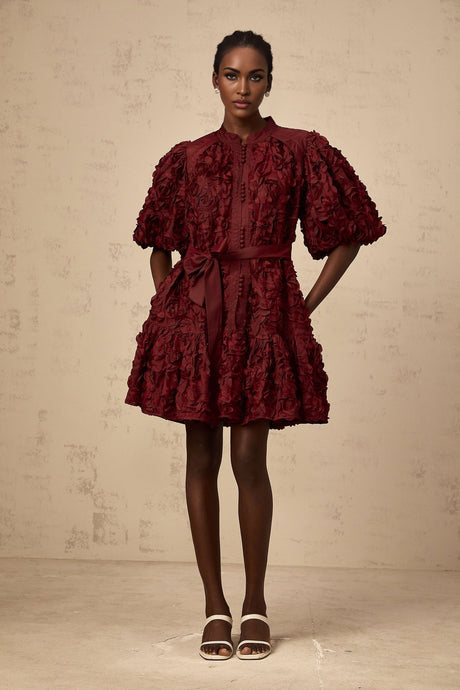 Paisley Mini Dress Red 3D Petal Puff Tied Waist