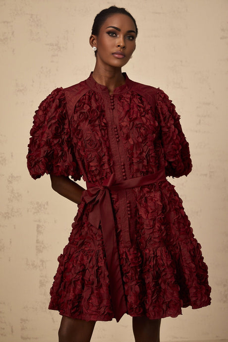 Paisley Mini Dress Red 3D Petal Puff Tied Waist