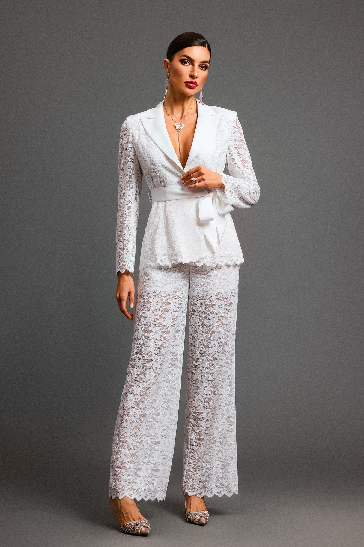 Paisley White Lace Overlay Two-Piece Dress with Long Sleeves and Cinched Waist