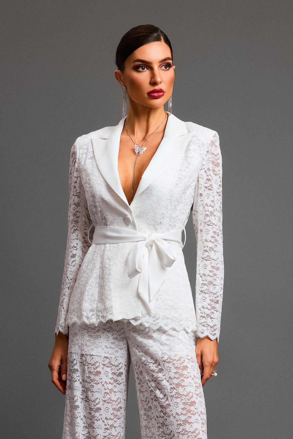 Paisley White Lace Overlay Two-Piece Dress with Long Sleeves and Cinched Waist