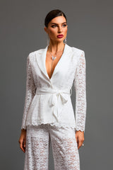 Paisley White Lace Overlay Two-Piece Dress with Long Sleeves and Cinched Waist