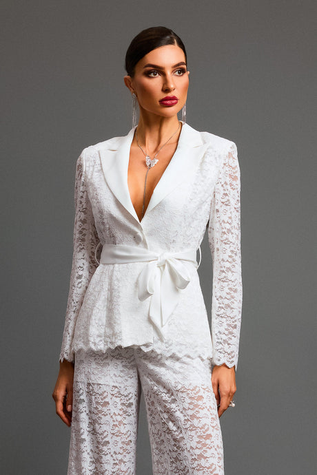 Paisley White Lace Overlay Two-Piece Dress with Long Sleeves and Cinched Waist