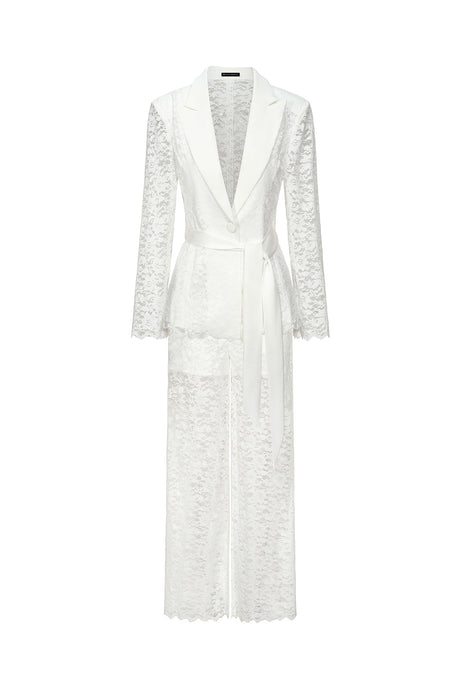 Paisley White Lace Two Piece Dress with V Neckline and Long Sleeves