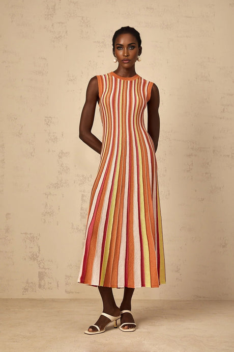 Paityn Midi Dress Orange Striped Knit Metallic Pleated Open Back