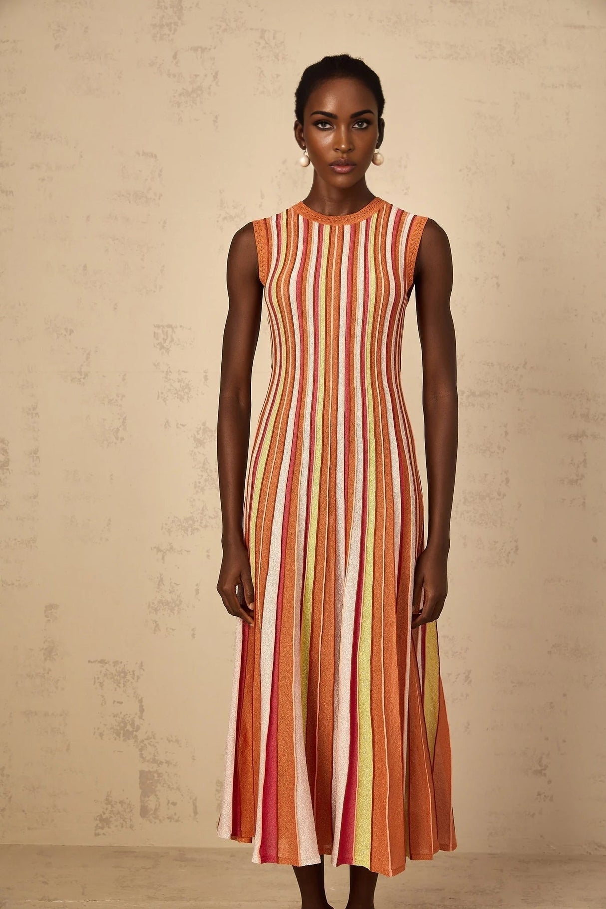 Paityn Midi Dress Orange Striped Knit Metallic Pleated Open Back