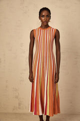 Paityn Midi Dress Orange Striped Knit Metallic Pleated Open Back