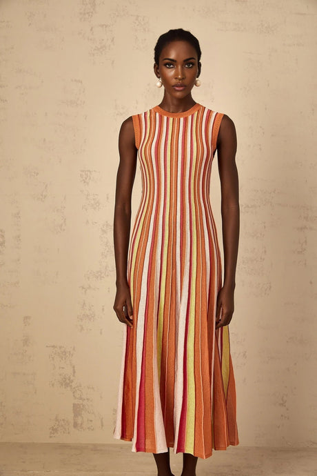 Paityn Midi Dress Orange Striped Knit Metallic Pleated Open Back