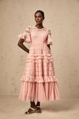 Paityn Midi Dress Pink Dot Ruffled Tulle Tiered Design Zip Fastening