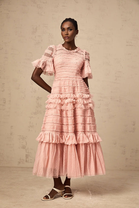 Paityn Midi Dress Pink Dot Ruffled Tulle Tiered Design Zip Fastening