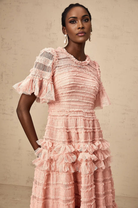 Paityn Midi Dress Pink Dot Ruffled Tulle Tiered Design Zip Fastening