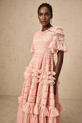 Paityn Midi Dress Pink Dot Ruffled Tulle Tiered Design Zip Fastening