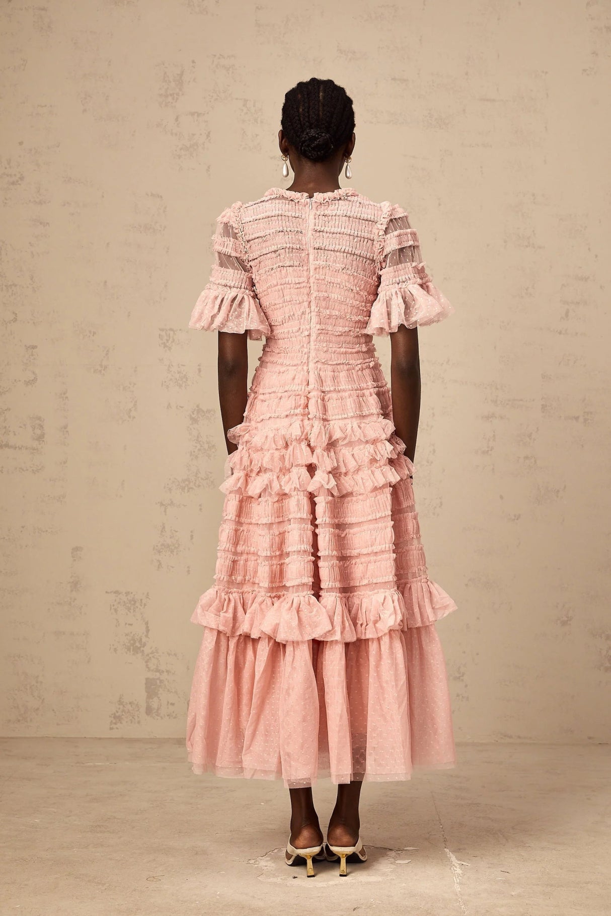 Paityn Midi Dress Pink Dot Ruffled Tulle Tiered Design Zip Fastening