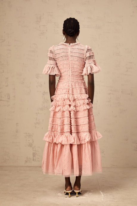 Paityn Midi Dress Pink Dot Ruffled Tulle Tiered Design Zip Fastening
