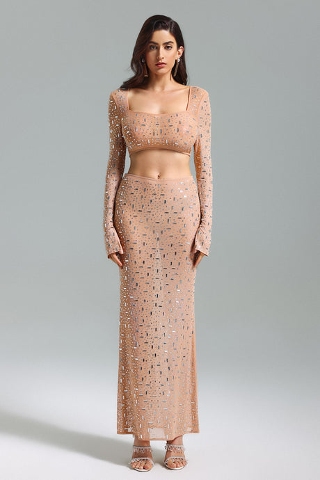 Palma Beige Diamante Detail Dress Square Collar Long Sleeves Elegant Silhouette Fitted Bodice Sleek Skirt Breathable Fabric Chic Sophisticated Elegant