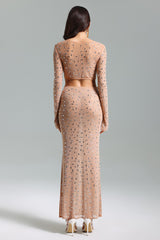 Palma Beige Diamante Detail Dress Square Collar Long Sleeves Elegant Silhouette Fitted Bodice Sleek Skirt Breathable Fabric Chic Sophisticated