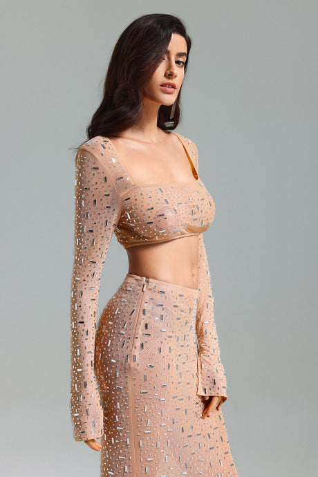 Palma Beige Square Collar Diamante Detail Dress