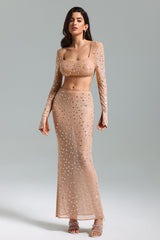 Palma Beige Elegant Square Collar Diamante Detailing Long Sleeve Dress